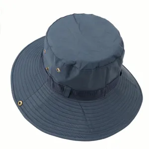 Men breathable outdoor sun hat summer fishing hiking bucket cap navy blue with metal eyelets