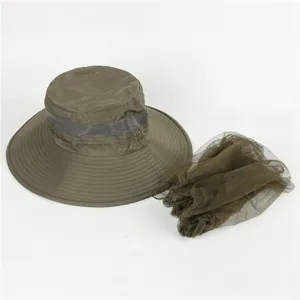 Close-up detail of outdoor mesh anti-mosquito sun hat quick-drying fisherman hat khaki.