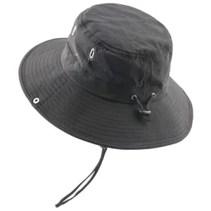 Close-up detail of black waterproof quick-dry outdoor bucket hat with metal ventilation eyelets.