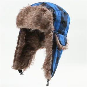 Thickened blue plaid winter ushanka hat with warm faux fur ear flaps for outdoor skiing wind.