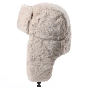 Detailed side view of winter warm faux fur ushanka hat with ear flaps and adjustable buckle.