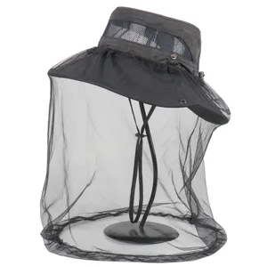 Outdoor black anti-mosquito sun hat detail, breathable mesh fishing hat for summer.