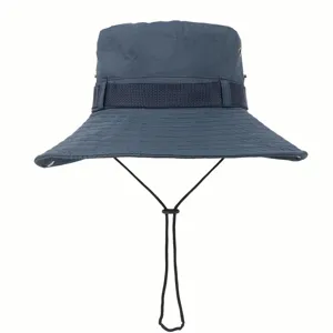 Dark blue men outdoor sun bucket hat with breathable eyelets and windproof adjustable chin strap.