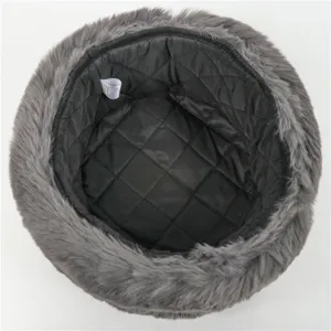 Grey plush winter bomber hat detail view, thick quilted lining and internal wash label for cold.