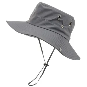 Detailed view of grey outdoor sun hat, quick-drying fabric with metal eyelets and chin strap.