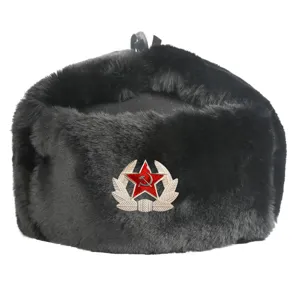 Black thick plush winter ushanka hat with soviet star badge outdoor cold proof warm ear flap cap