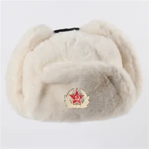 White faux rabbit fur ushanka winter hat with red star soviet badge for cold weather warmth.