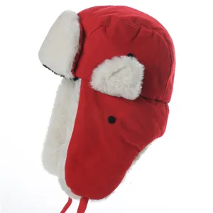 Rote Winter-Trapper-Mütze mit dickem weißem Kunstfell, winddichte Outdoor-Bombermütze.