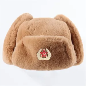 Soviet style brown faux fur ushanka winter hat with red star badge, warm trapper earflap hat.