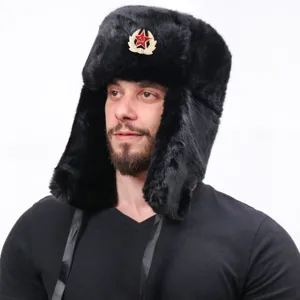 Winter Warm Faux Fur Bomber Hat Soviet Badge Ushanka Ear Flap Cold Weather Cap Unisex