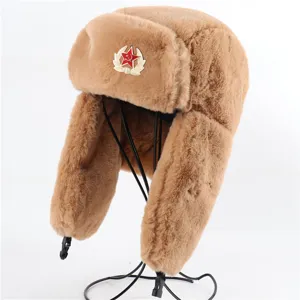 Brown faux rabbit fur ushanka hat with Soviet red star badge, warm winter hat for outdoor.