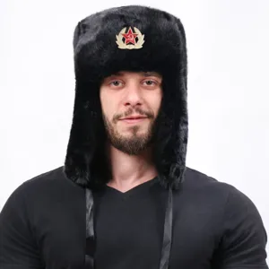 Soviet Ushanka faux fur winter earflap hat Russian cold weather warm black snow cap