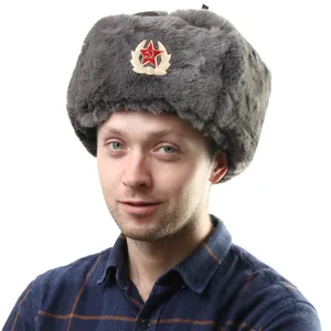 Soviet badge winter warm ushanka hat with ear flaps and plush grey faux fur lining.