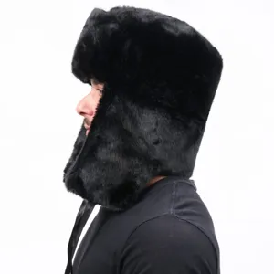 Black winter faux fur ushanka hat mens warm outdoor thermal cold weather bomber hat
