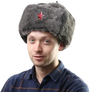 Winter thick warm ushanka hat with Soviet badge for outdoor cold weather protection