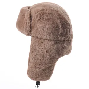 Brown faux fur ushanka hat with ear flaps and buckle, warm winter bomber hat for outdoor.