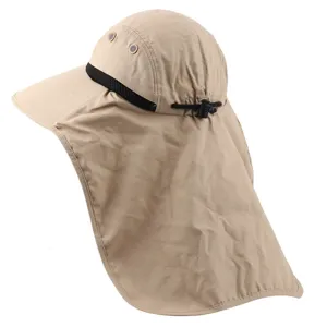 Outdoor sun protection hat with neck flap, breathable mesh and adjustable cord for hiking.