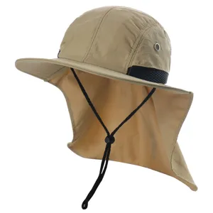 Detail shot of the outdoor sun protection hat featuring a removable neck flap and adjustable chin cord.