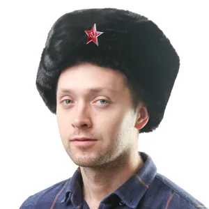 Soviet Russian Usanka winter hat with red star badge, warm plush ear flaps for outdoor cold.