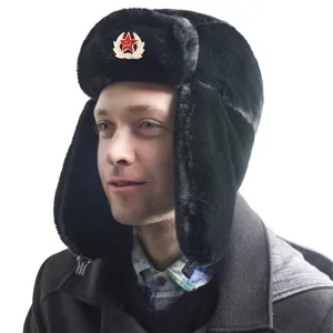 Classic black ushanka winter hat with soviet red star badge, warm faux fur ear flaps.