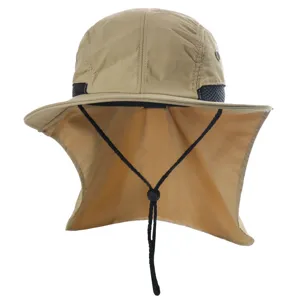 Outdoor sun protection hat detail view showing breathable mesh and adjustable neck flap design.