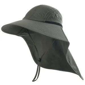 Dark green outdoor sun protection hat with neck flap, wide brim and adjustable chin strap.