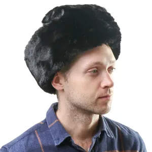 Winter warm black plush ushanka hat with ear flaps, thick cold-weather outdoor trapper hat.