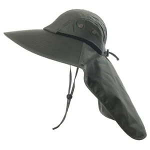 Unisex outdoor sun protection hat with neck flap, breathable mesh and chin strap for hiking.