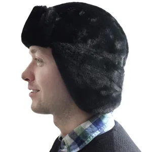 Black faux fur ushanka hat with earflaps, winter warm Russian trooper cap for outdoor cold weather.