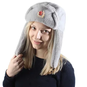 Details of the winter warm ushanka hat with Soviet star badge, faux fur earflap cold weather cap.