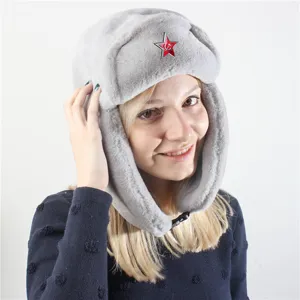 Grey faux fur ushanka hat with Soviet red star badge winter warm trapper earflap hat