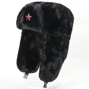 Black faux rabbit fur ushanka hat with red star badge winter warm cold weather trooper hat
