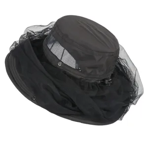 Breathable black outdoor mosquito head net mesh face veil fishing hat with adjustable drawcord