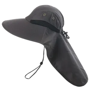 Dark grey outdoor sun hat detail showing the breathable mesh and adjustable neck flap.