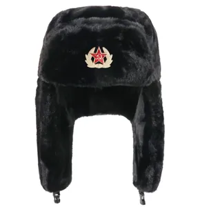 Black faux fur ushanka hat featuring classic Soviet red star badge, warm winter hat.