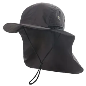 Dark grey outdoor sun hat with neck flap, waterproof safari cap, UV protection fishing hat.