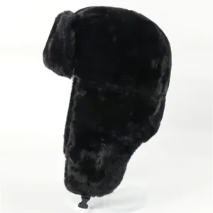 Black faux rabbit fur ushanka hat with earflaps, winter warm outdoor trapper bomber hat.
