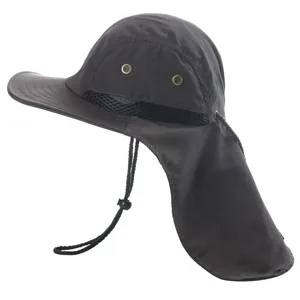 Detail view of outdoor sun protection hat with neck flap, breathable mesh and drawstring.