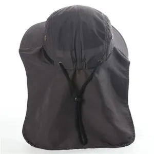 Detail view of dark gray outdoor sun protection hat with neck flap, breathable mesh and draw