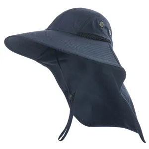 Navy blue outdoor sun hat featuring wide brim, protective neck flap and adjustable chin strap.