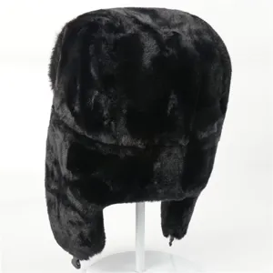 Classic black faux fur ushanka hat with earflaps, winter warm windproof trapper cap.