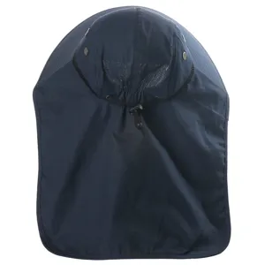 Detail view of the dark blue sun protection hat featuring an extended neck flap and mesh.