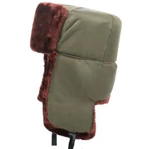 Detail view of the winter warm trapper hat, featuring military green fabric and soft plush earflaps.