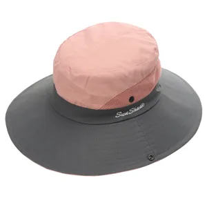 Children outdoor sun hat detail showing wide brim, pink top, breathable mesh and embroidery.