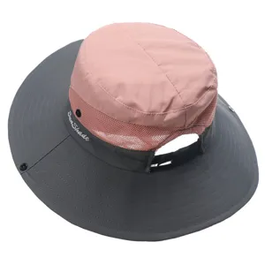 Kids outdoor sun hat detail showing breathable mesh top, wide brim, and ponytail hole design.