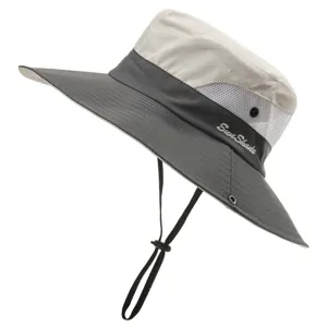 Summer outdoor sun protection bucket hat detail, breathable mesh and windproof rope design.