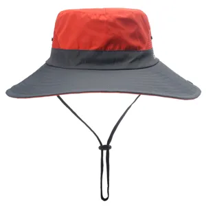 Kids outdoor sun hat with breathable mesh panels and adjustable chin strap for hiking red grey