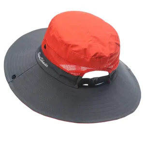 Kids outdoor sun hat with ponytail hole, red and grey wide brim breathable hiking cap.