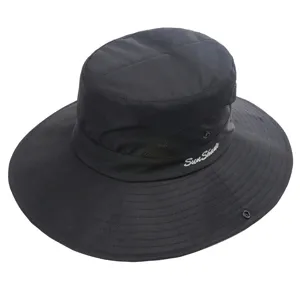 Detail view of black kids sun hat, breathable mesh panels, wide brim, adjustable strap.