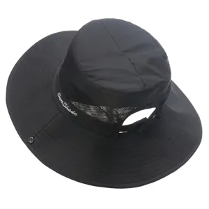 Kids outdoor sun hat detail, black wide brim fisherman cap with ponytail hole and mesh.